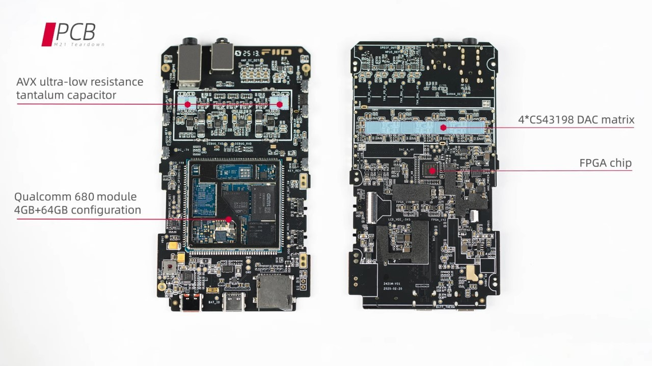 Electronic circuit boards (PCBs) of the FiiO M21 DAP (Digital Audio Player).