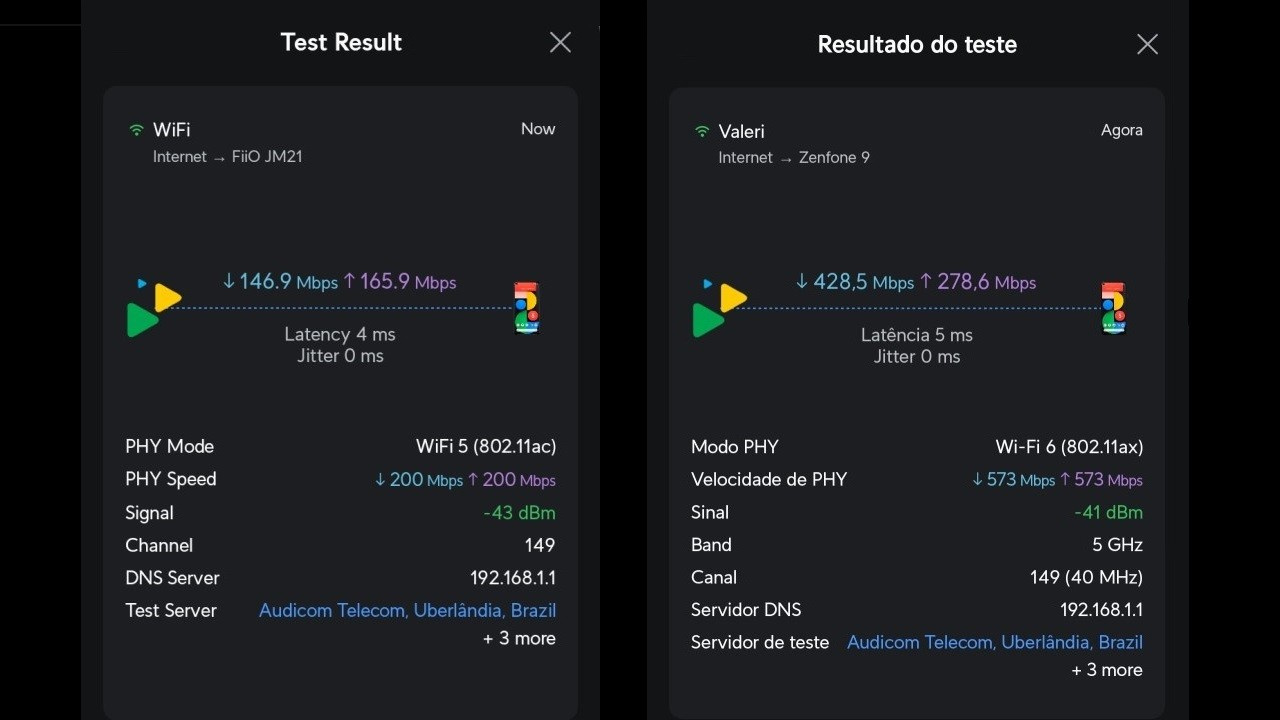 Screenshot of the Wi-Fi performance test of the FiiO JM21 DAP and the Asus Zenfone 9 smartphone.