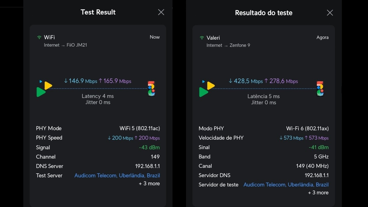 Captura de tela de teste de performance do Wi-Fi do DAP FiiO JM21 e do celular Asus Zenfone 9.