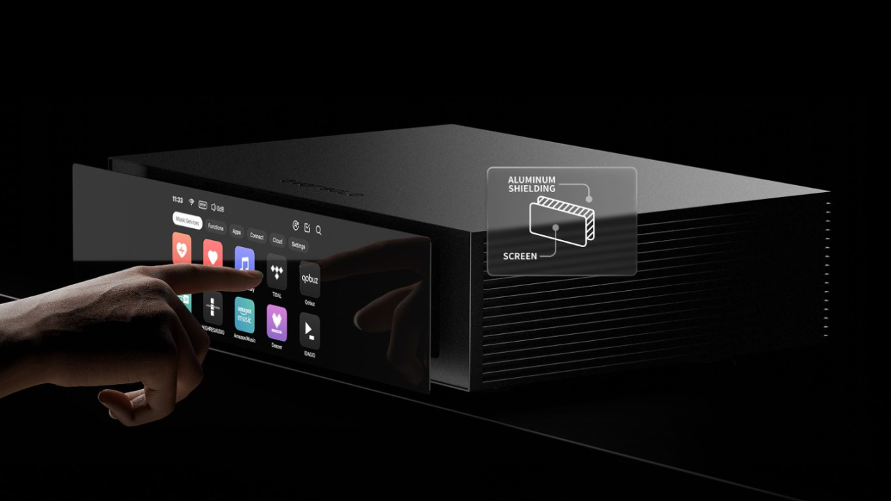 Tela sensível ao toque do streamer transporte Eversolo T8 com os aplicativos de streaming de música.