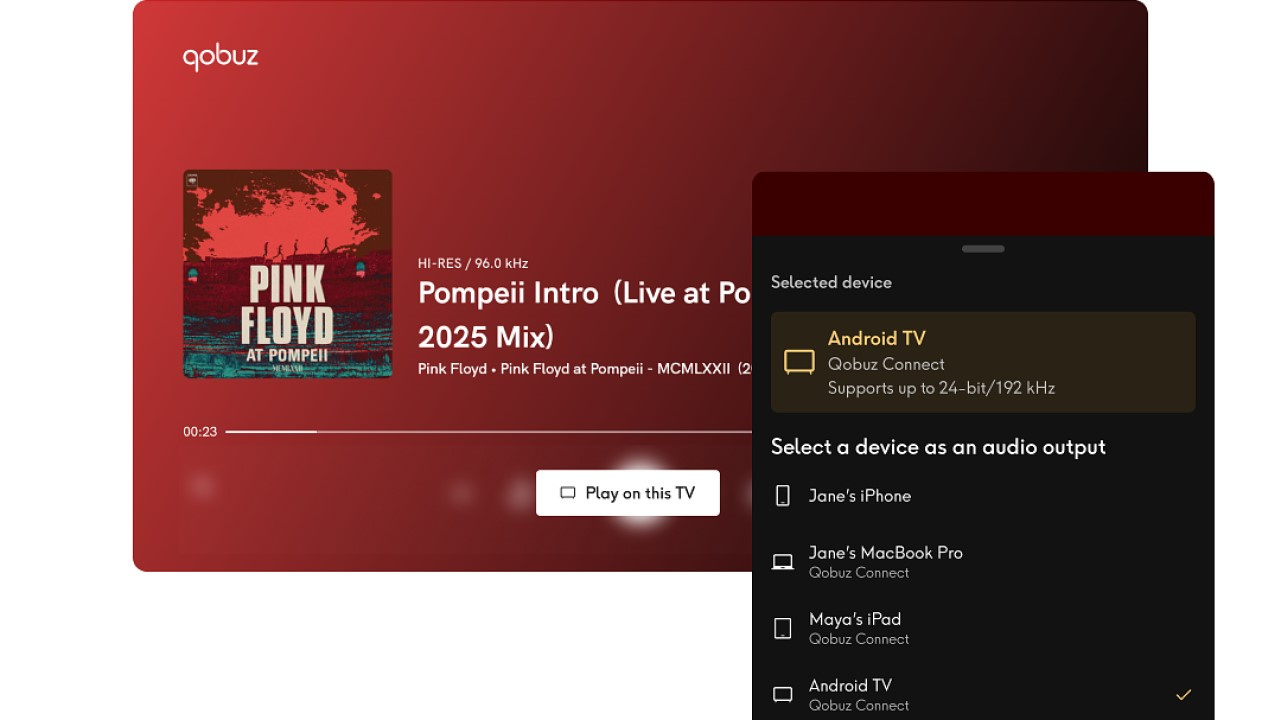 Qobuz Connect sendo utilizado no app Qobuz para Android TV.