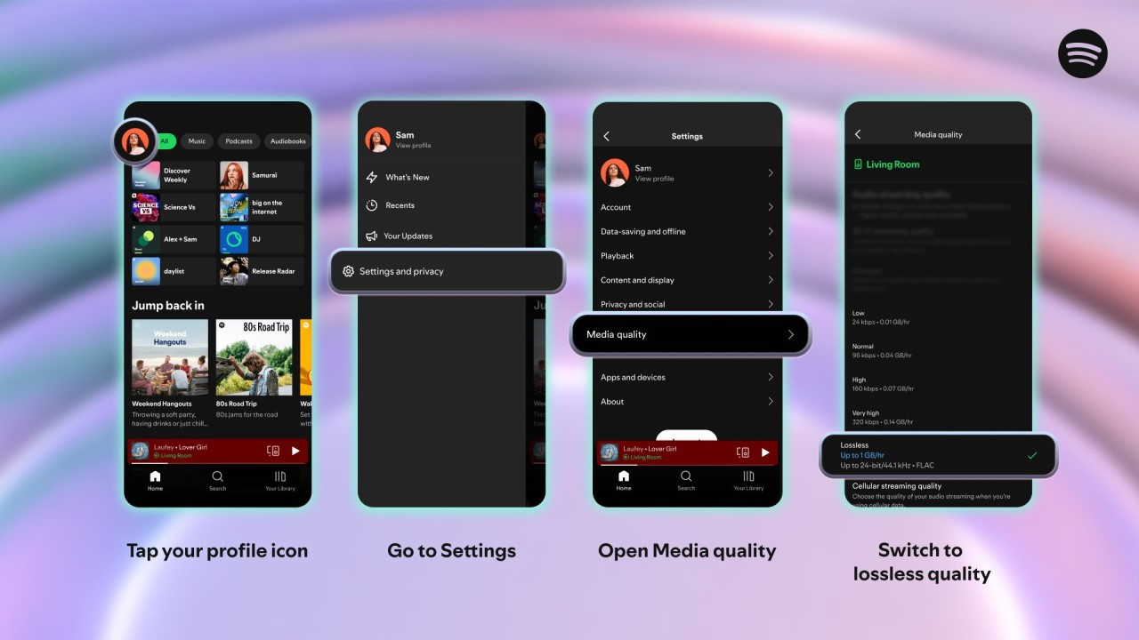 Passo a passo para acessar nas configurações do Spotify os ajustes para a qualidade de áudio lossless.
