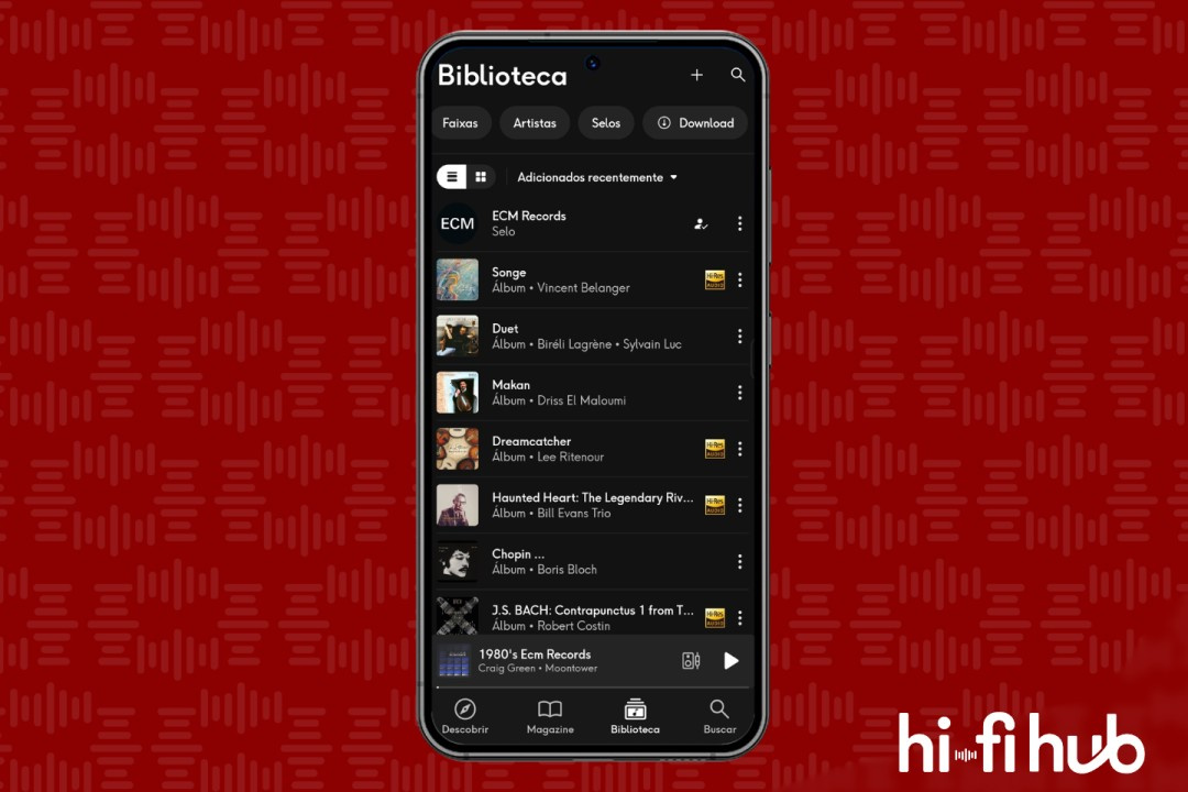 Página de buscas da biblioteca do usuário no app Qobuz para Android.