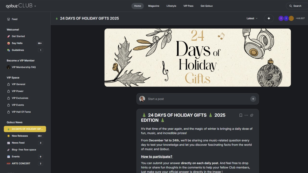 Página do sorteio de produtos no fórum Qobuz Club da campanha de Natal da Qobuz em 2025.
