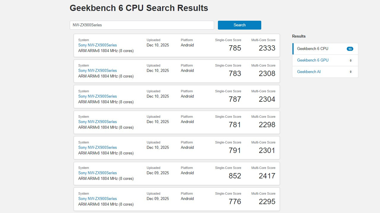 Lista de testes de benchmark do Sony NW-ZX900 feitos no Geekbench 6.
