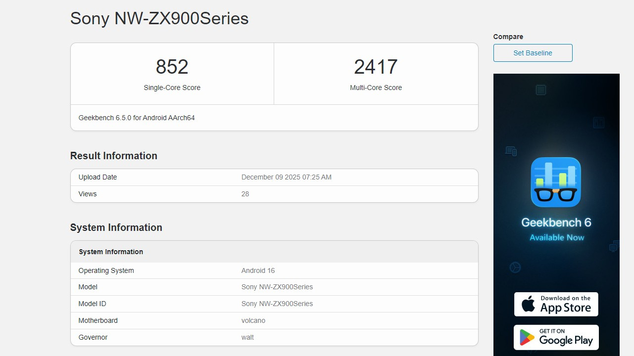 Resultados do Sony NW-ZX900 no Geekbench 6.