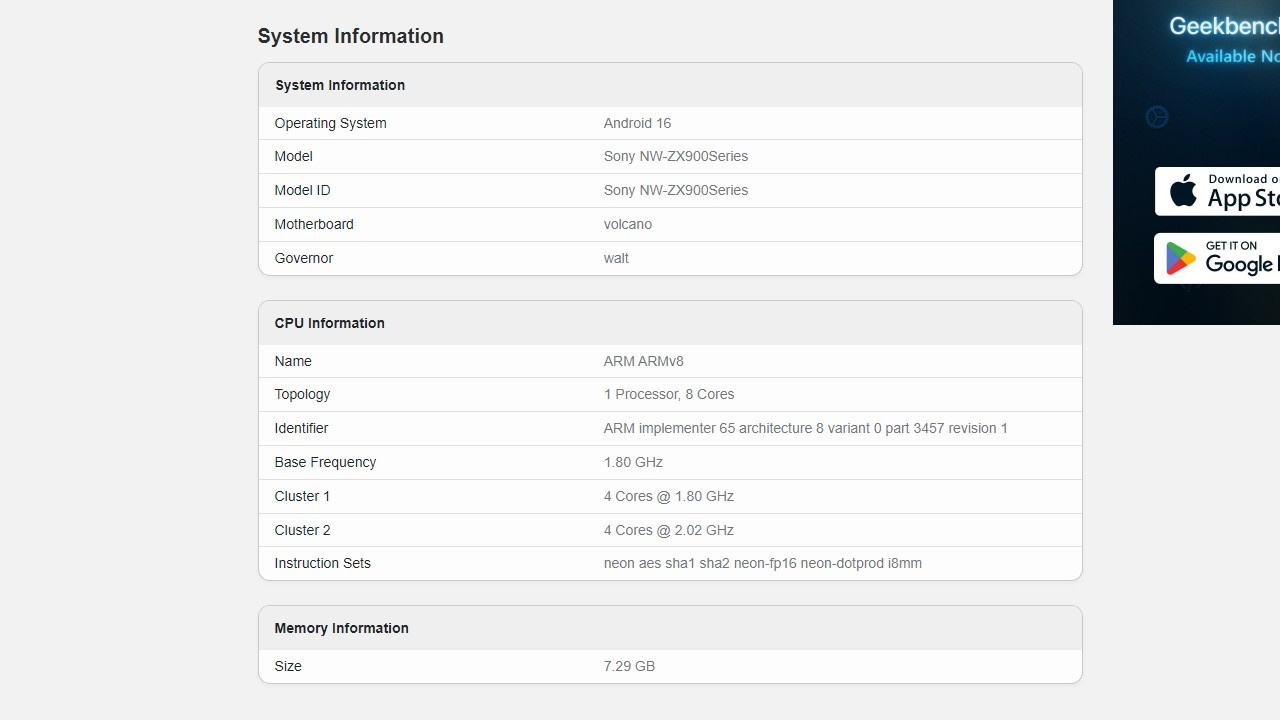 Tabela de teste de benchmark do Sony NW-ZX900 feita no Geekbench 6.